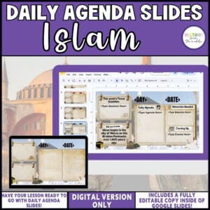 Islam daily agenda slides, editable Google Slides for middle school social studies