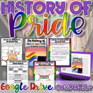 Text says History of Pride on top of an image of the Rainbow Flag.