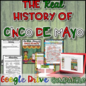 Text says History of Cinco de Mayo and is sitting on top of an image of green wood paneling.
