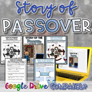 The text reads the Story of the Passover and is sitting on top of an image of an Isralelite painting the doorway with lamb's blood.
