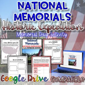 Text says National Memorials-Historical Expedition-A Memorial Day Activity. The text is on top of an image of American flags at Arlington cemetary.