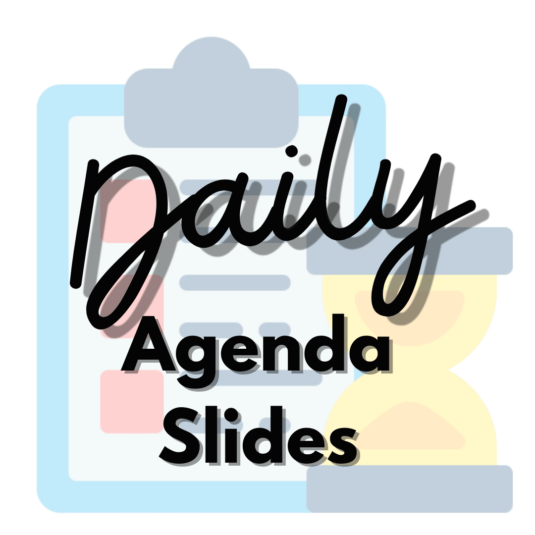 The text says Daily Agenda Slides and is sitting on top of an image of a notebook and a timer.
