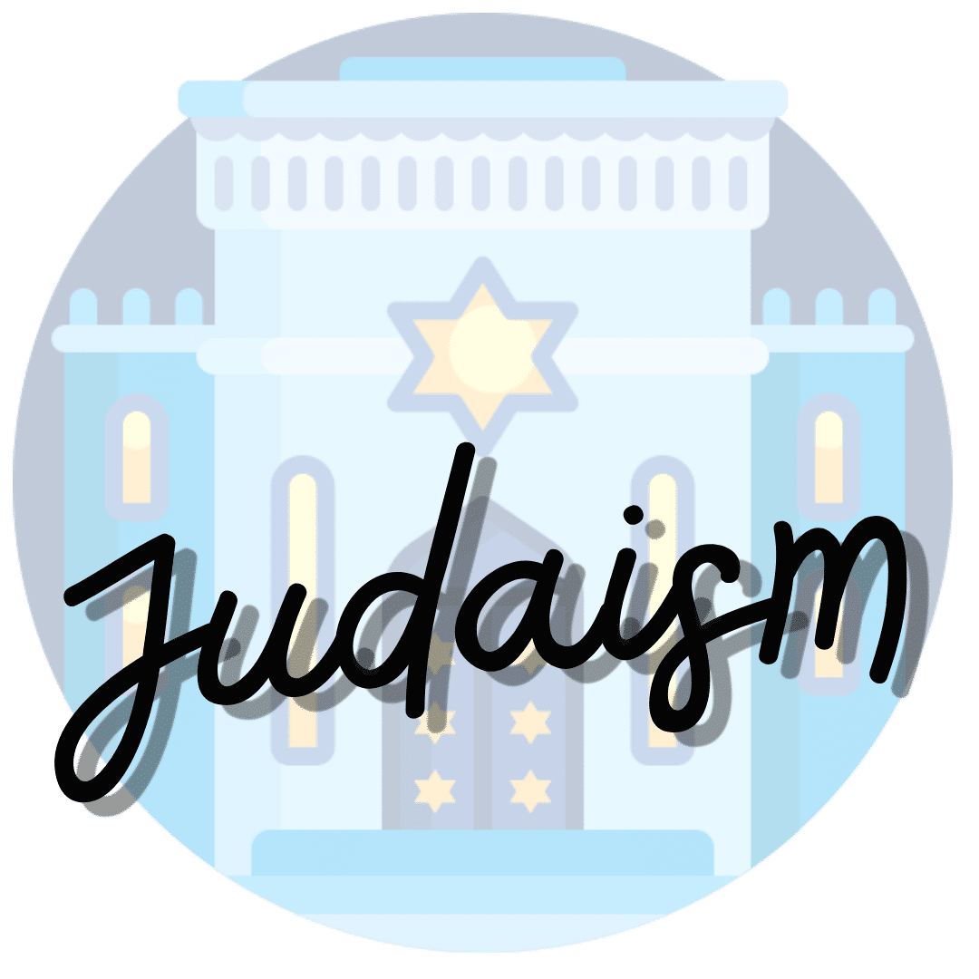The text says Judaism and it is on top of an image of a synagogue.