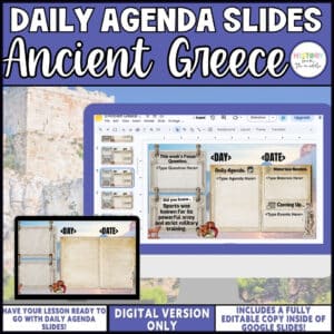 Ancient Greece daily agenda slides, editable Google Slides for middle school social studies