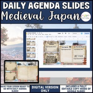 Medieval Japan daily agenda slides, editable Google Slides for middle school social studies