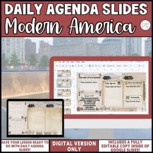 Modern America daily agenda slides, editable Google Slides for middle school social studies
