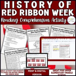 History of Red Ribbon Week reading comprehension activity with self-checking maze game for middle school, print and digital