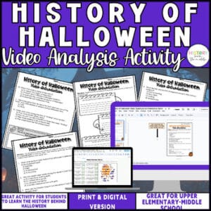 History of Halloween video activity with self-checking game for middle school, print and digital