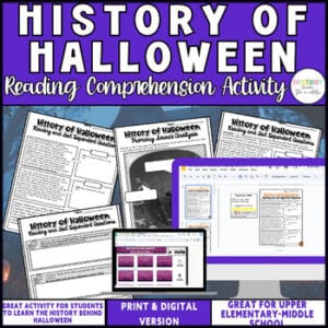 History of Halloween reading comprehension activity with self-checking game for middle school, print and digital