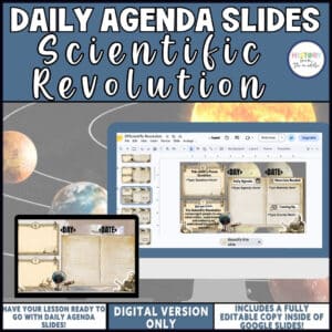 Scientific Revolution daily agenda slides, editable Google Slides for middle school social studies