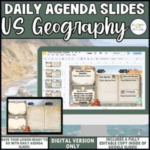 US Geography daily agenda slides, editable Google Slides for middle school social studies