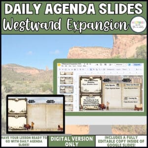 Westward Expansion daily agenda slides, editable Google Slides for middle school social studies